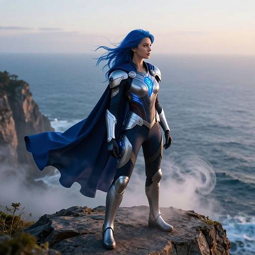 Photorealistic image of a blue-haired woman in silver and blue armored suit with flowing cape, standing on cliff overlooking ocean at sunset.