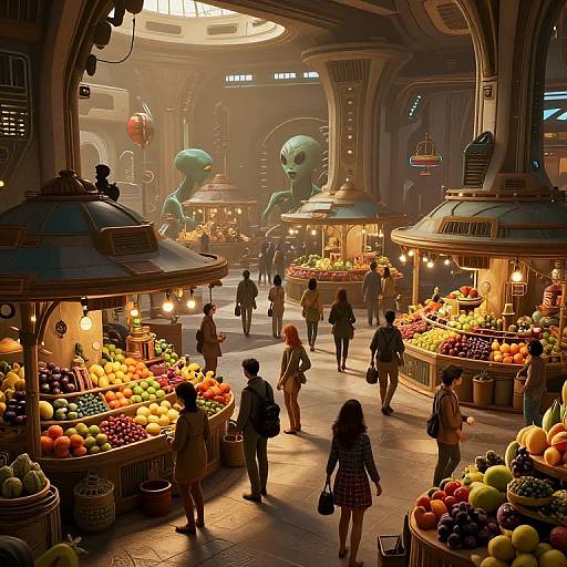 Digital illustration of a futuristic market with alien statues, colorful fruit stalls, and people shopping under warm, glowing lights.