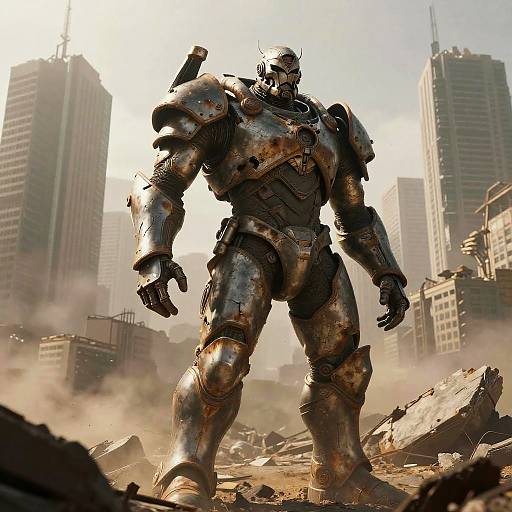 CGI image of a heavily armored, metallic, humanoid robot standing amidst a ruined cityscape with tall, damaged skyscrapers in the background. Dust