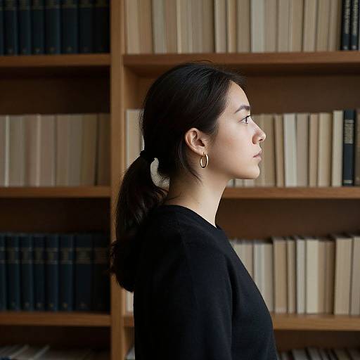 Photograph of a young woman with dark hair in a ponytail, wearing a black top and hoop earrings, standing in profile against a wooden bookshelf