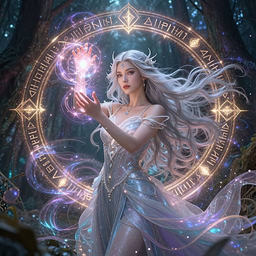 Digital fantasy artwork of a silver-haired, ethereal woman in a shimmering dress, casting a glowing magical spell in a mystical forest.