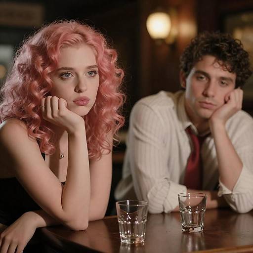 Contemplative Couple at Dimly Lit Bar
