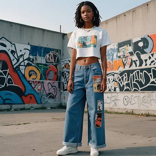 Young woman in Y2K crop top and patchwork denim pants