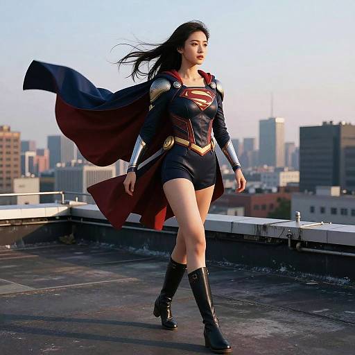 CGI image of a strong, dark-haired woman in a Superman-inspired costume with red cape, black shorts, and boots, walking confidently on a rooftop