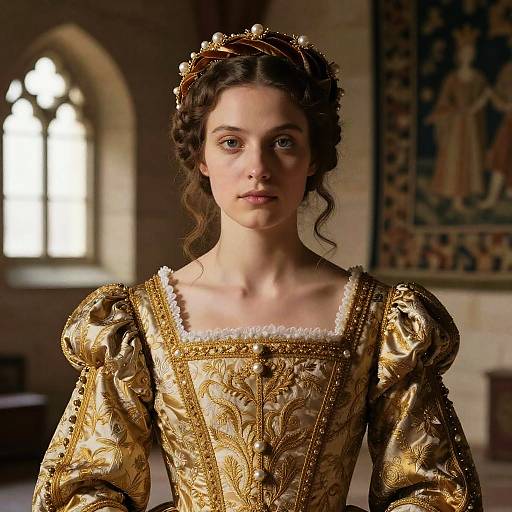 Photograph of a young woman with fair skin, brown hair, and blue eyes, wearing an ornate, gold-embroidered Renaissance dress in