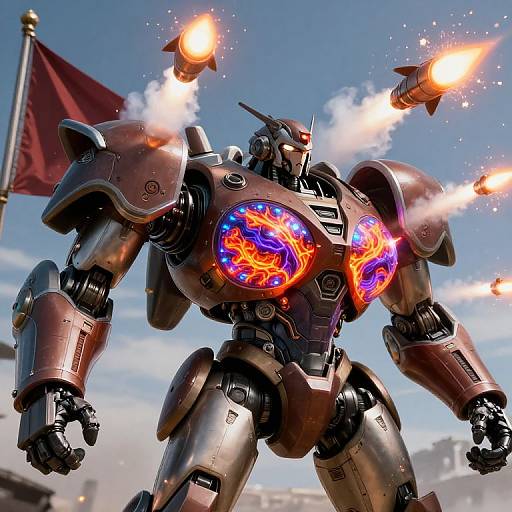 Photorealistic CGI of a metallic, armored robot with glowing blue and red energy cores, firing orange laser beams against a bright blue sky with a red