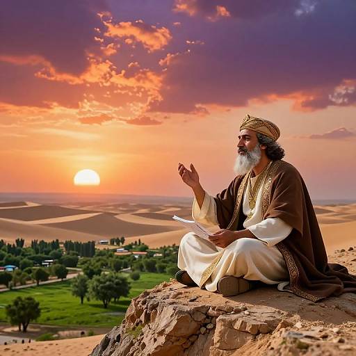 Photograph of an elderly Middle Eastern man with a white beard and turban, sitting on a rock, gesturing at a vibrant sunset over a desert