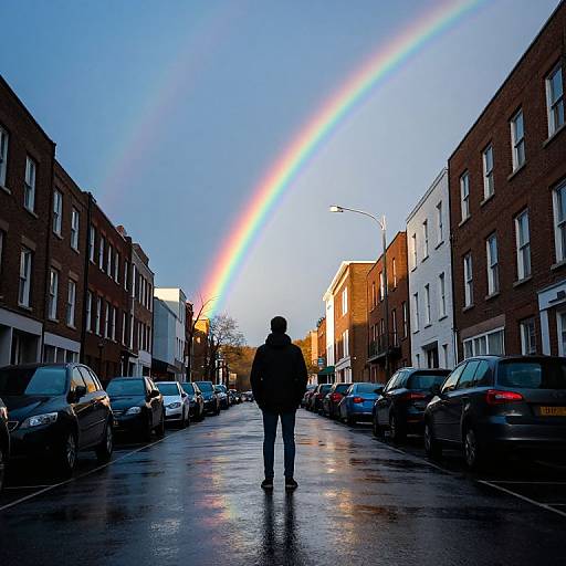 Photograph of a person in a dark coat standing in a wet, urban street, facing a vibrant rainbow arching across a clear blue sky.