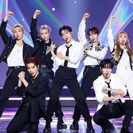 Photograph of K-pop group performing on stage: six members in white shirts, black pants, and jackets, striking dynamic poses under colorful lights.