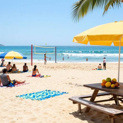 Sunlit beach scene with people playing volleyball, sitting under yellow umbrellas, and relaxing on colorful towels. Wooden picnic table with fruits in foreground. Clear