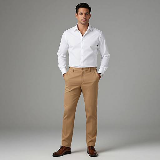 Photograph of a confident, dark-haired man in a white long-sleeve shirt, tan trousers, and brown shoes, standing against a plain gray
