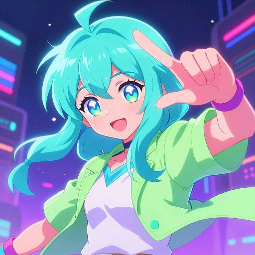 Vibrant digital anime drawing of a blue-haired girl with glowing eyes, green jacket, white shirt, pointing forward, neon city background.