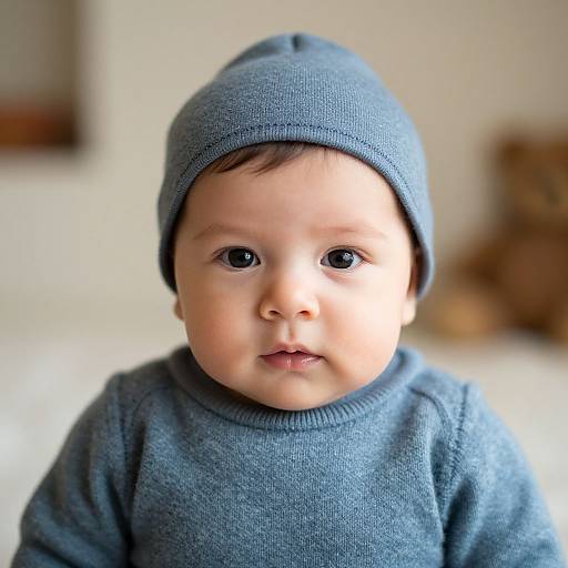 Photograph of a baby with fair skin, dark brown eyes, wearing a blue knit hat and matching sweater, looking directly at the camera. Blurred