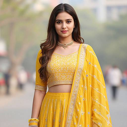 Photograph of a beautiful Indian woman with long dark hair, wearing a vibrant yellow traditional outfit with gold embroidery, standing outdoors with a blurred city background.