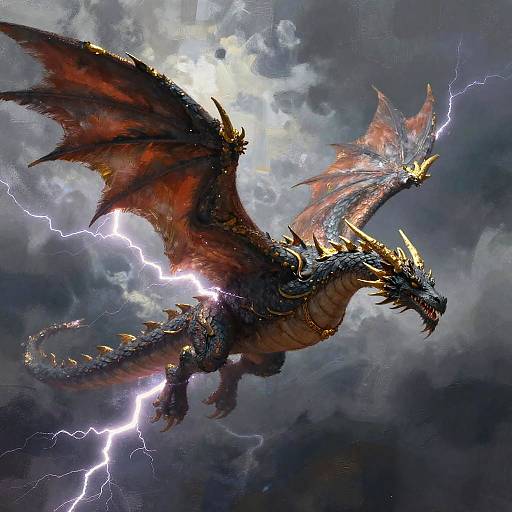 Digital artwork of a powerful, red-scaled dragon with golden horns and spikes, surrounded by dark clouds and lightning bolts. The dragon's wings are spread