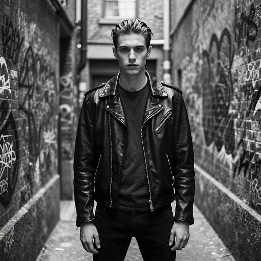 Young Man in Leather Jacket in Graffiti Alley