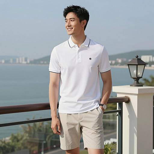 Smiling Man in White Polo on Balcony Overlooking Waterfront