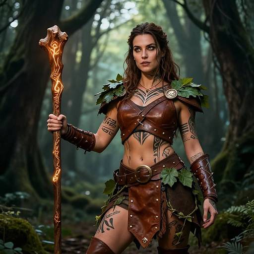 Digital art of a tattooed, brown-haired woman in brown leather and leaf armor, holding a glowing wooden staff in a dark, misty forest.