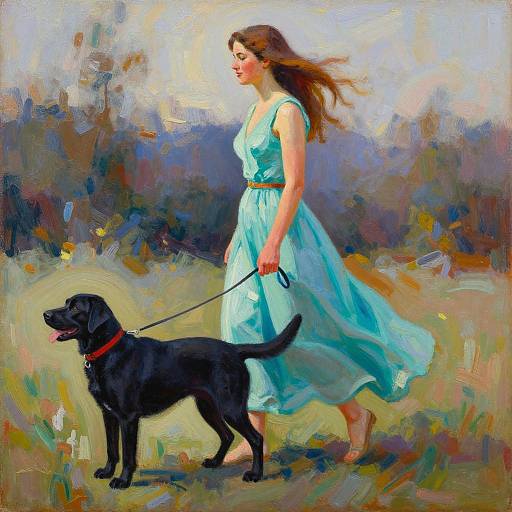Oil painting of a red-haired woman in a flowing turquoise dress walking a black dog on a leash, with a colorful, abstract background.