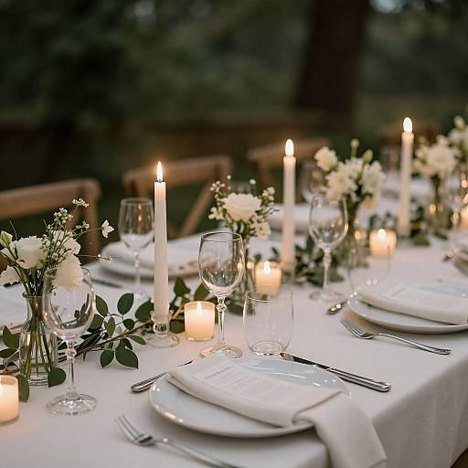 Elegant outdoor dinner table setting with white candles, flower vases, glassware, and white napkins, softly lit against a dark forest background.