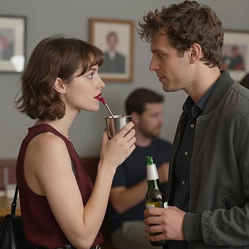 Young Couple Sharing Drink in Casual Setting