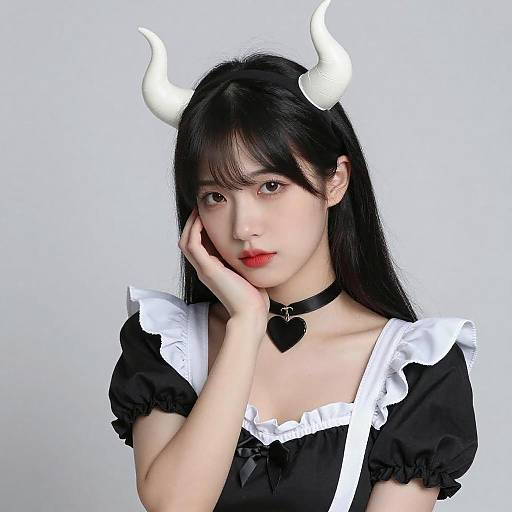 Asian Woman in Devil-Themed Maid Costume