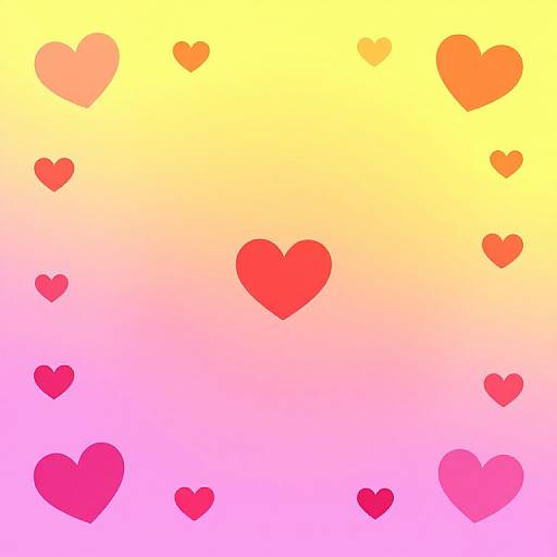 Digital illustration of various-sized hearts in red, pink, and orange hues, scattered on a gradient yellow to pink background.