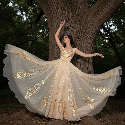 Photograph of a fair-skinned woman in a shimmering, golden-embellished, floor-length gown, dancing gracefully against a large tree in
