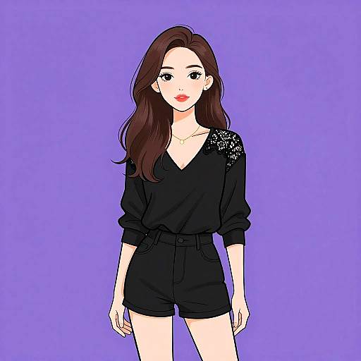 Digital anime-style drawing of a fair-skinned woman with long brown hair, wearing a black V-neck top and shorts, adorned with sparkly embroidery on