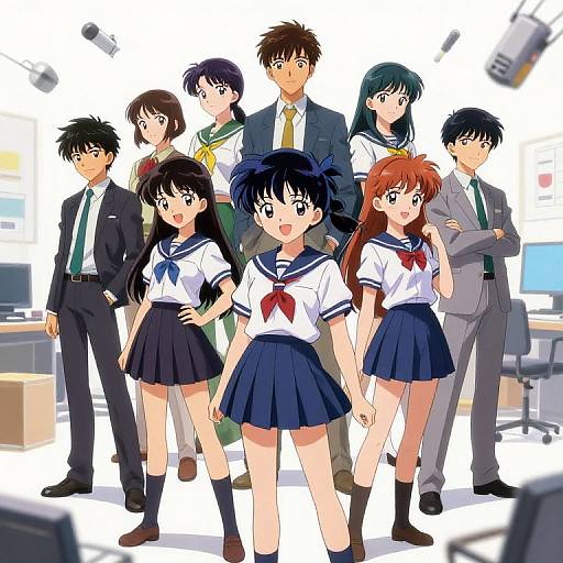 Digital anime-style group photo of high school students and teachers in school uniforms and suits, standing in a brightly lit classroom.
