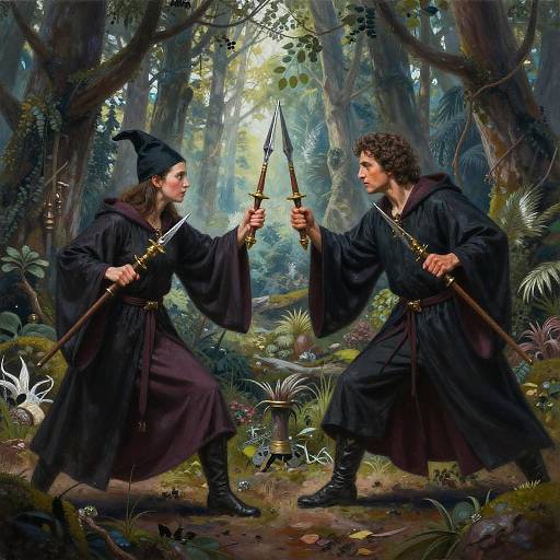 Digital painting of two medieval forest warriors in black robes, wielding dual knives, facing each other in a dense, mystical forest.