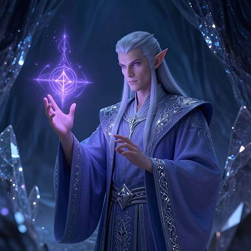 Digital art of a silver-haired, elven mage with pointed ears, wearing ornate blue robes, conjuring a glowing purple pentagram. Dark,
