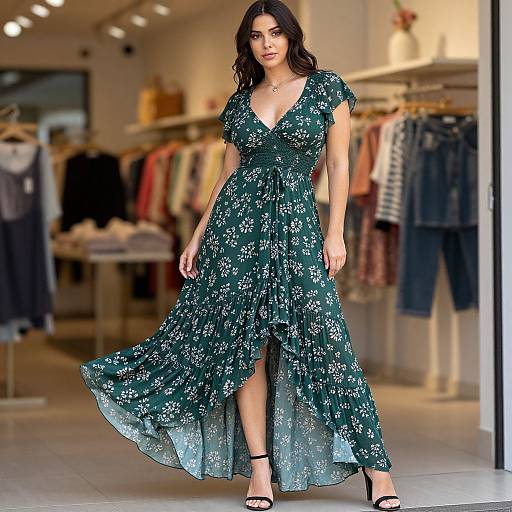 Photograph of a confident woman with long dark hair in a deep green, floral, V-neck, floor-length dress with a thigh-high slit, standing