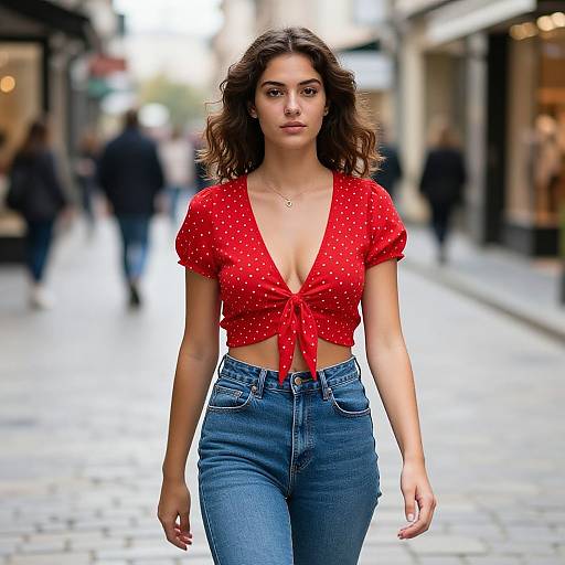 Photograph of a young woman with wavy brown hair, wearing a red polka-dot tied blouse and high-waisted blue jeans, walking down