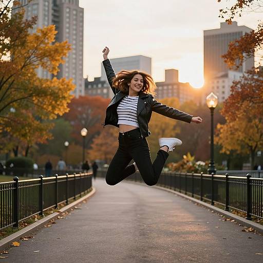 Joyful Woman Jumping in Urban Park at Sunset
