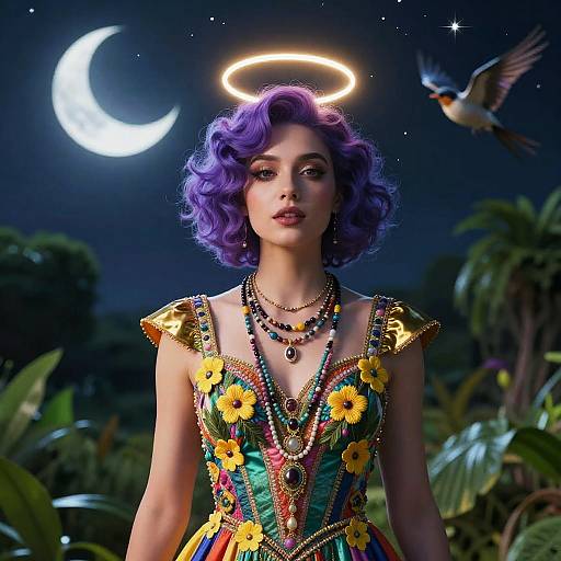 Digital artwork of a woman with purple curly hair, halo, wearing colorful flower-embellished dress, necklaces, moonlit jungle, flying bird