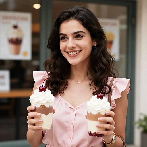 Smiling Woman Enjoying Desserts Outdoors