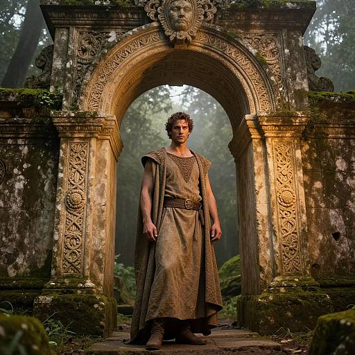 Photograph of a muscular, curly-haired man in a rustic, brown tunic standing under a moss-covered, ornate stone archway in a mist