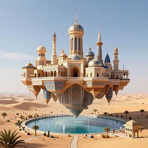 Digital illustration of a floating, ornate desert palace with multiple domes, turquoise accents, and waterfalls, hovering above a circular pool in a sun