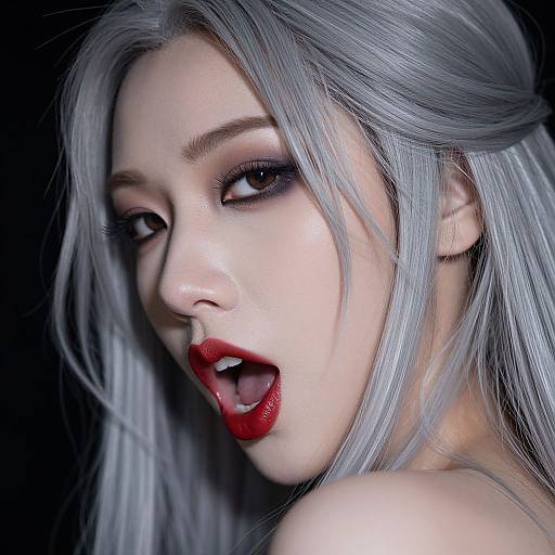 Digital portrait of a pale-skinned woman with silver hair, smoky eye makeup, and bright red lipstick, mouth open in a seductive expression.