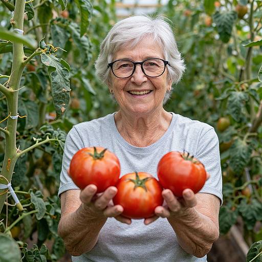 Photograph of smiling elderly woman with white hair and glasses, wearing a gray shirt, holding five ripe tomatoes in a lush tomato garden.