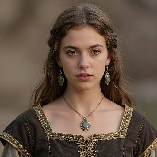 Photograph of a young woman with long brown hair, wearing a medieval-style black dress with gold trim, and green teardrop earrings and necklace,
