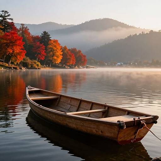 Photograph of a wooden rowboat floating on a calm, misty lake, with vibrant autumn trees in red and orange, reflecting on the water,