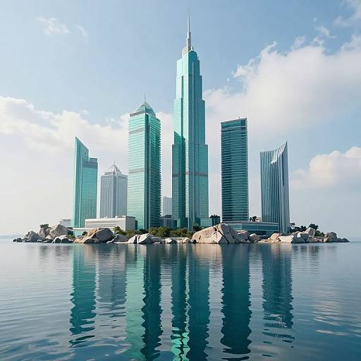 Photograph of a modern skyscraper cityscape with blue-green glass buildings reflecting in calm, clear water, under a bright, partly cloudy sky.