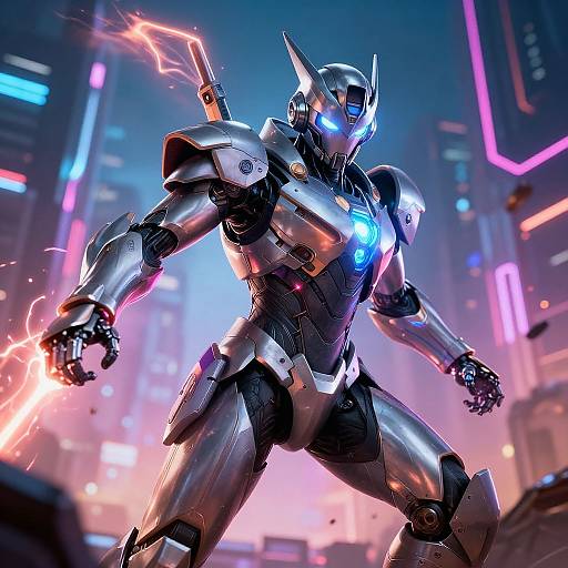 CGI image of a glowing, futuristic, metallic humanoid robot with blue eyes, emitting electricity from hands, standing in a neon-lit cyberpunk city