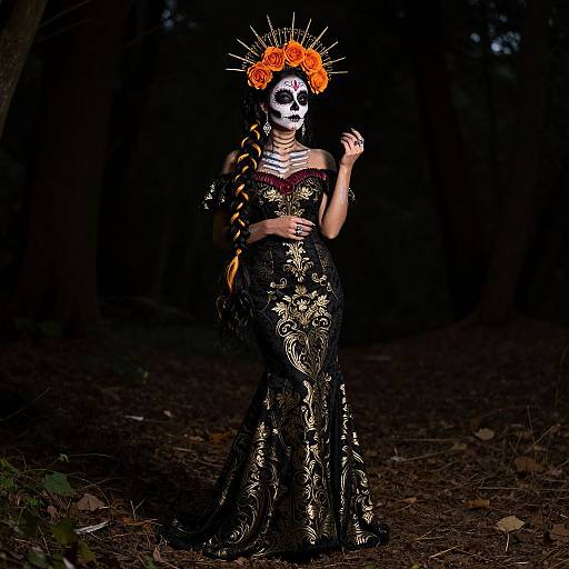 Photograph of a woman in a dark forest, wearing a black lace dress, white face paint, orange floral headpiece, and skeletal makeup, standing