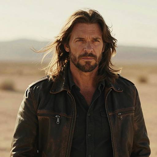 Photograph of rugged, middle-aged man with long, wind-swept brown hair, beard, wearing a dark leather jacket over a black shirt,