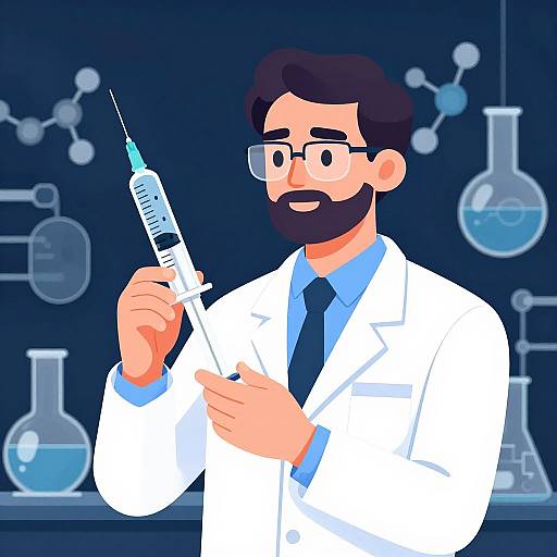 Digital illustration of a bearded scientist with glasses, wearing a white lab coat, holding a syringe with blue liquid, against a dark blue lab background