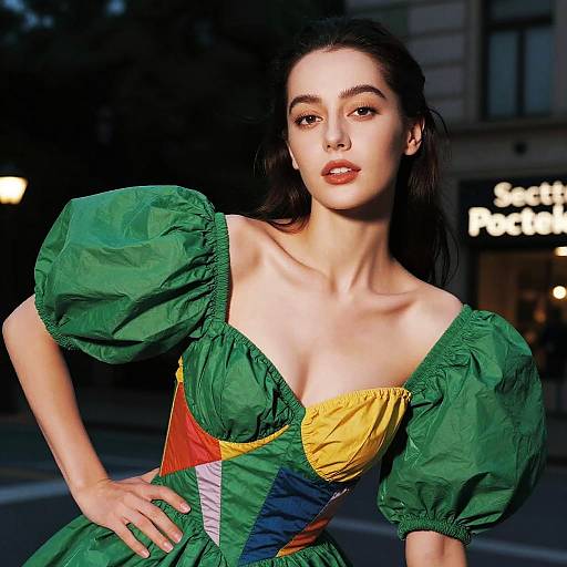 Elegant Woman in Green Puff Dress
