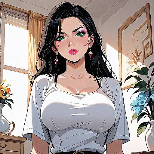 Anime Woman with Long Black Hair and Earrings